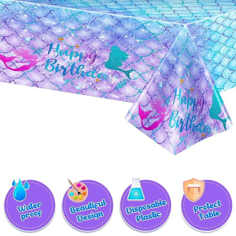 DaiUni 1PCS Mermaid Birthday Tablecloth for Birthday Party Decoration  Plastic Disposable Rectangle Table Cover for Kids Girls Party Supplies  54"" x 108"" - Image 3